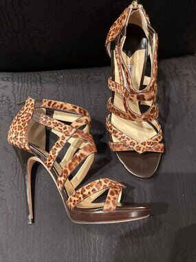 JIMMY CHOO MULTICOLOR LEOPARD PRINT PONY PLATFORM STRAPPY HEELS